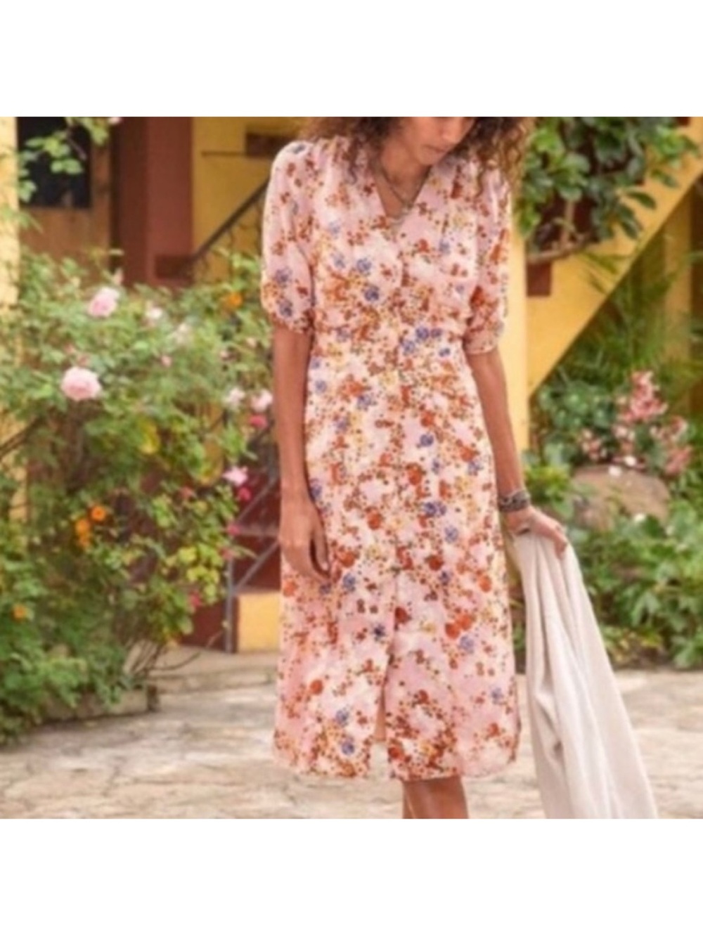 Sundance Sonora Bloom Peach Floral Midi Dress 100% Silk Ruched Size 4 B136